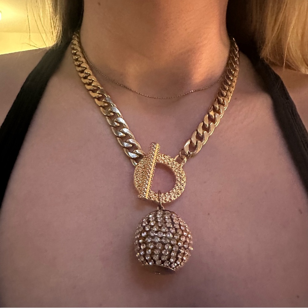 Gold Pave Ball Pendant Toggle Chain Necklace - Women Jewelry